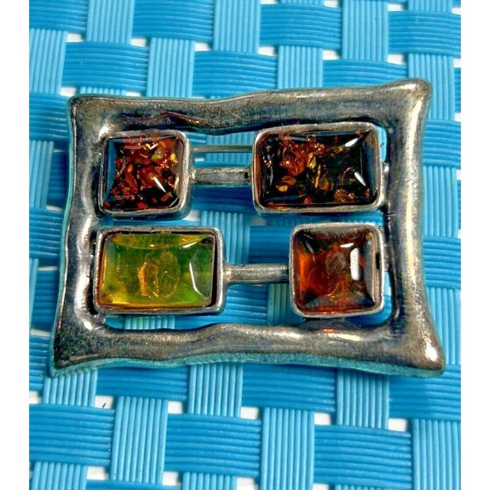 Art Nouveau style sterling silver Baltic amber Rectangle brooch 4 Stone 1.5"